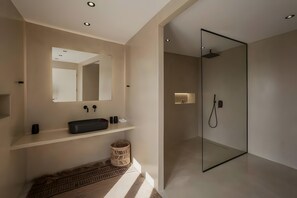 Chuveiro, secador de cabelo, toalhas de banho 