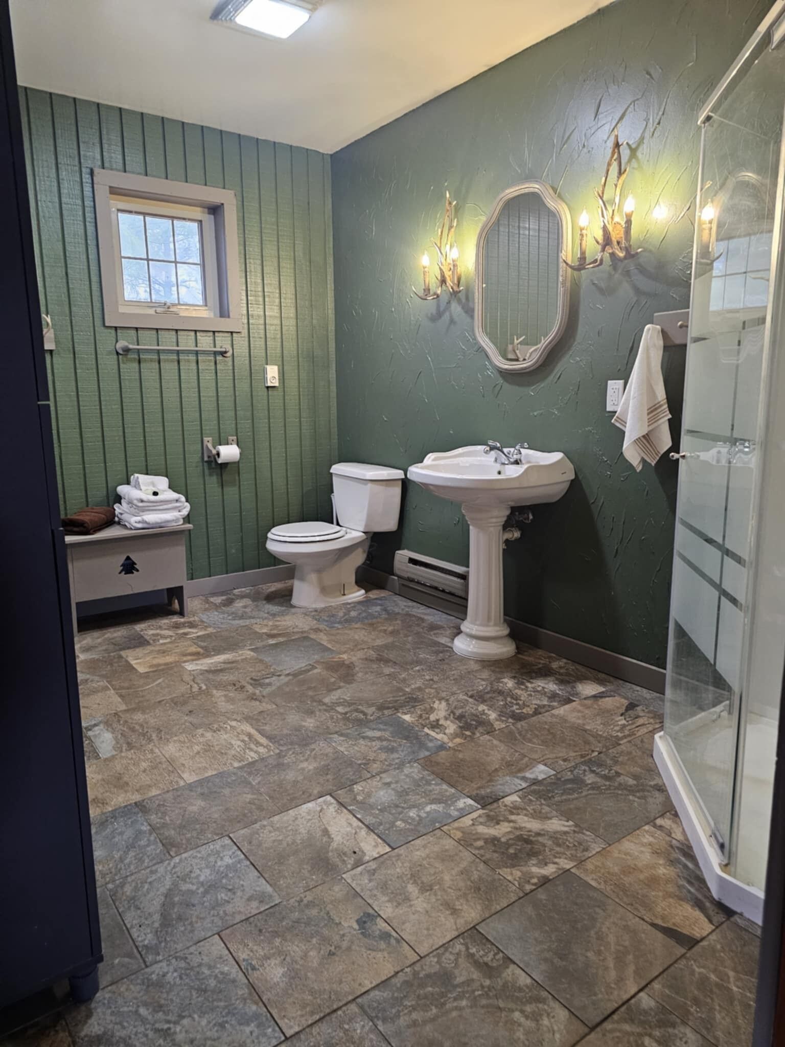 Jetted bath, hair dryer, towels, soap