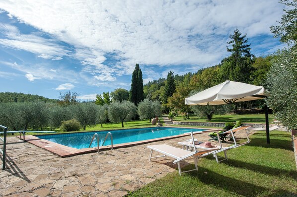 A swimming pool with a stone deck, surrounded by grass and trees, and a covered area with lounge chairs. - Poggio ai Pianacci - Flo Apartments (Greve in Chianti)