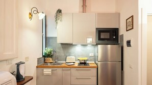 A compact kitchen with a stainless steel refrigerator, a microwave, and a toaster. There is a sink with a faucet, a countertop with a plant, and a wall-mounted light fixture. - Pitti - Flo Apartments, Charme su Piazza Pitti (Florence)