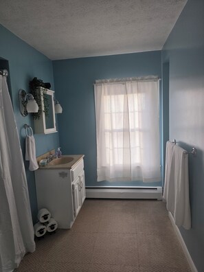 Een haardroger, handdoeken, zeep, toiletpapier