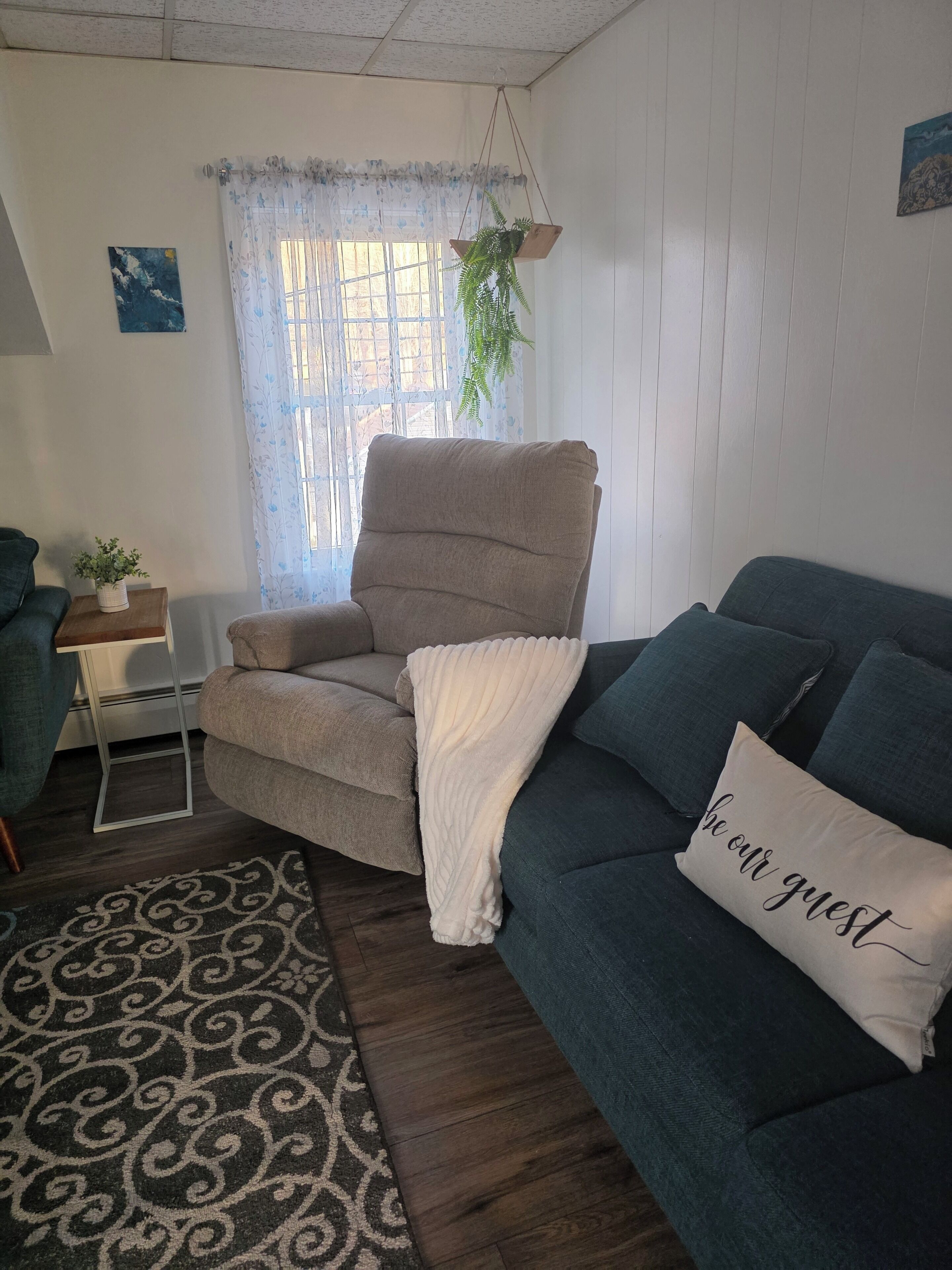 A living room with a beige armchair, a dark green sofa, a patterned rug, a small side table with a plant, and a window with a curtain.
