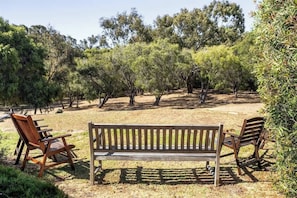 A bench with two chairs in a park with trees.