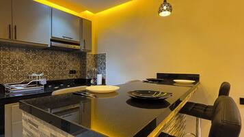 Fridge, oven, stovetop, electric kettle