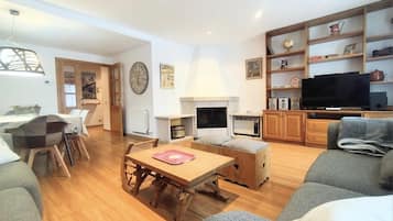 Tv, eldstad, dvd-spelare och en stereo