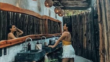 Separate tub and shower, hair dryer, towels, soap