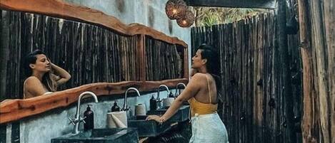 Separate bathtub and shower, hair dryer, towels, soap