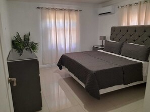 Ein modernes Schlafzimmer mit einem großen Bett, einem Nachttisch, einer Zimmerpflanze und einem Fenster mit Vorhängen.