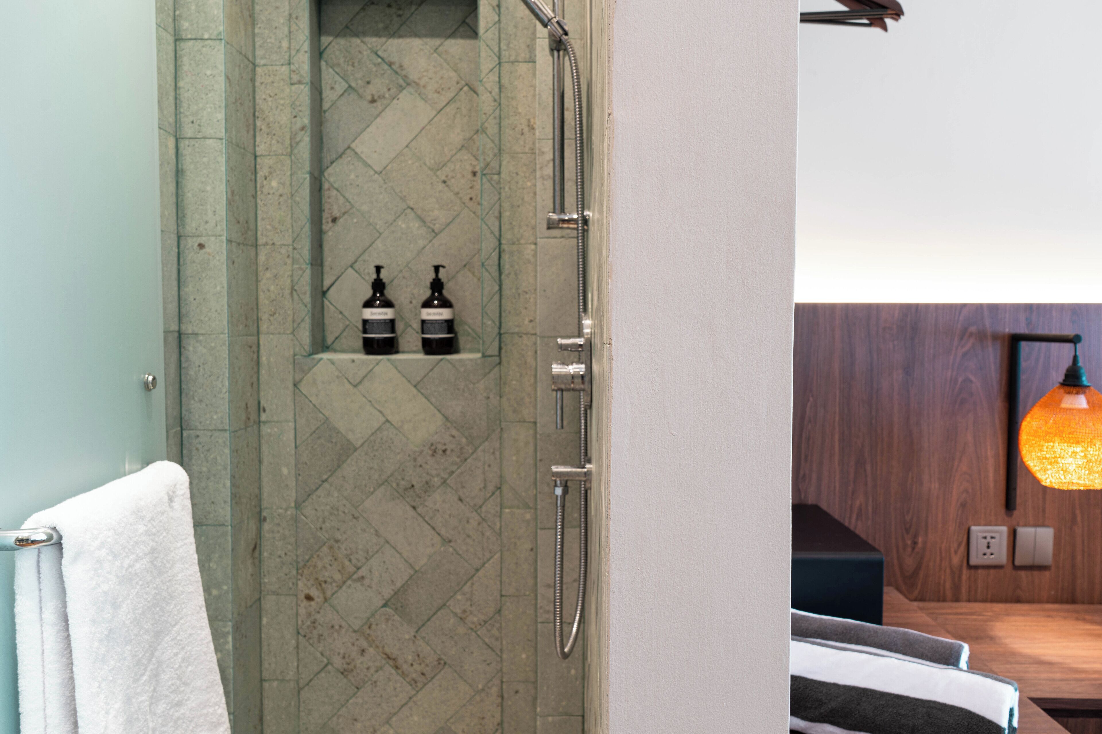 Shower, hair dryer, bidet, towels