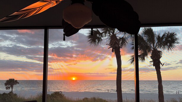 A room with a large window overlooking a sunset over the ocean, featuring palm trees and a view of the beach. - Beachfront 2BR/2Bath Condo on the Gulf, Indian Rocks Beach, Florida (Indian Rocks Beach)