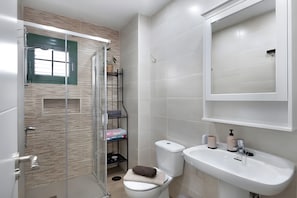 Shower, hair dryer, towels