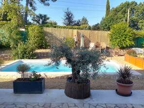 Ein Swimmingpool, umgeben von Kübelpflanzen und einem Holenzaun.