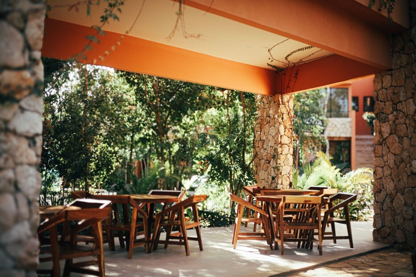 Une terrasse extérieure avec des tables et des chaises en bois, entourée de verdure et de murs en pierre.