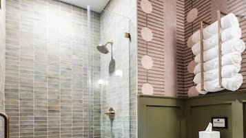Shower, eco-friendly toiletries, hair dryer, towels