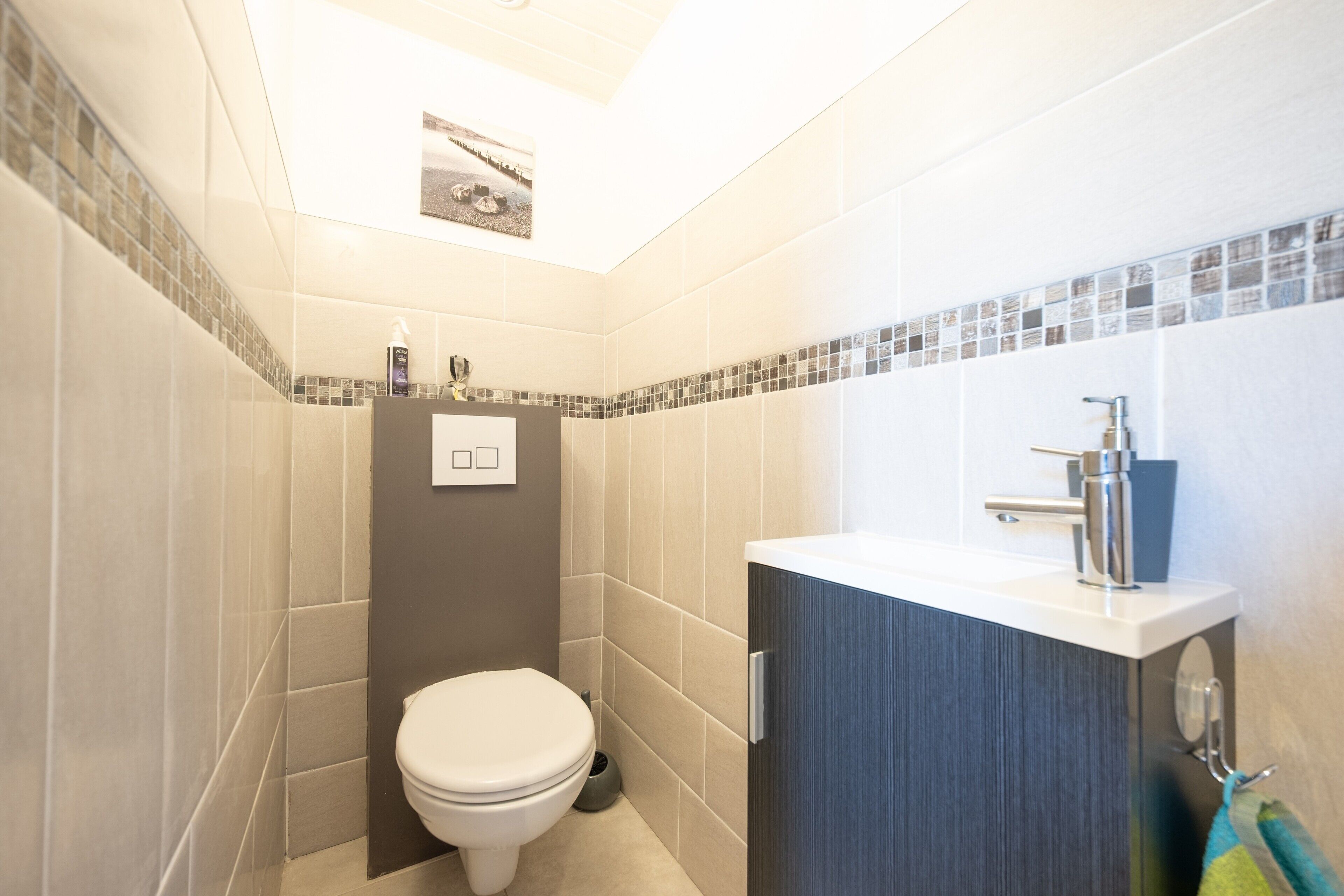 Een badkamer met toilet, wastafel en kast.