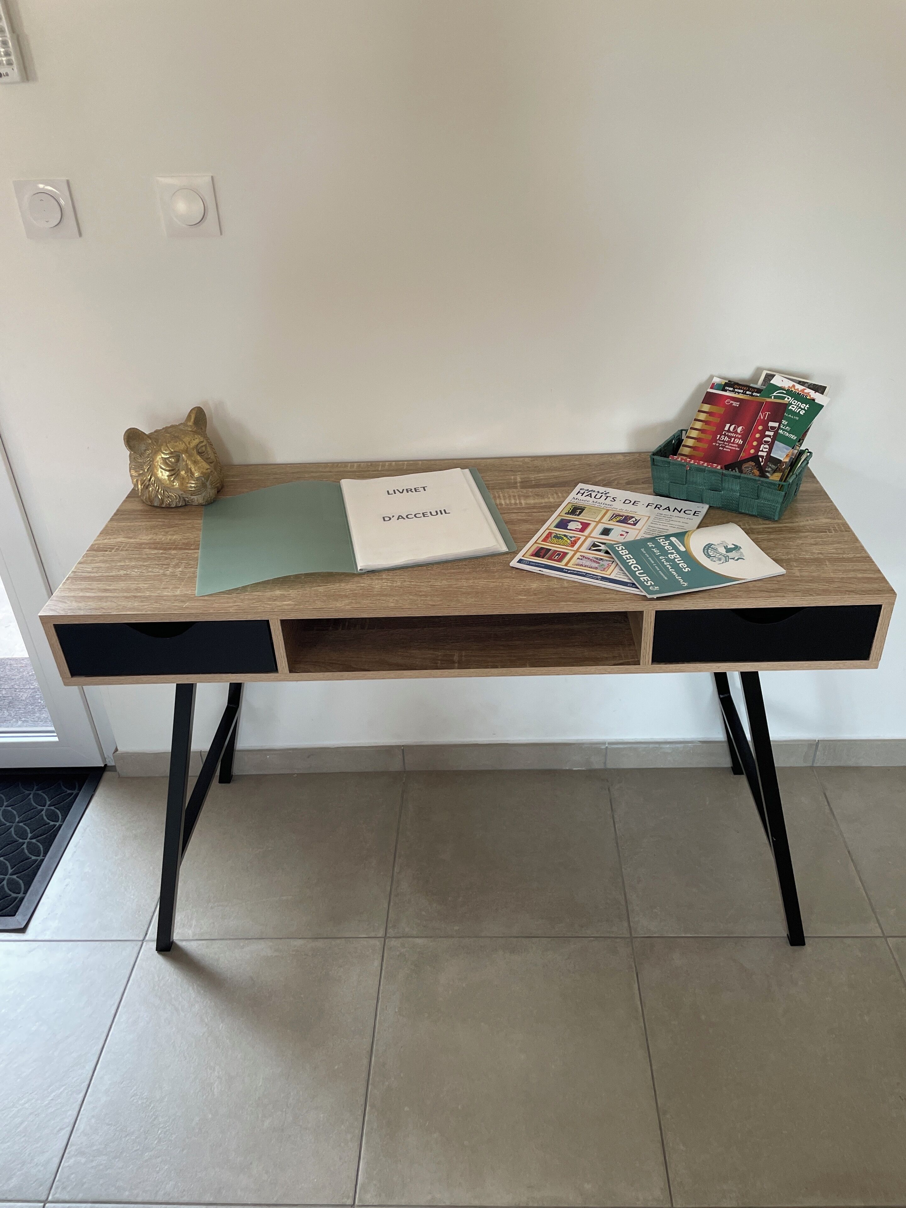 Ein Holztisch mit einer Löwenkopfskulptur, einem Buch mit dem Titel 'LIVRET D'ACCEUIL' und einem Zeitschriftenständer mit verschiedenen Publikationen.