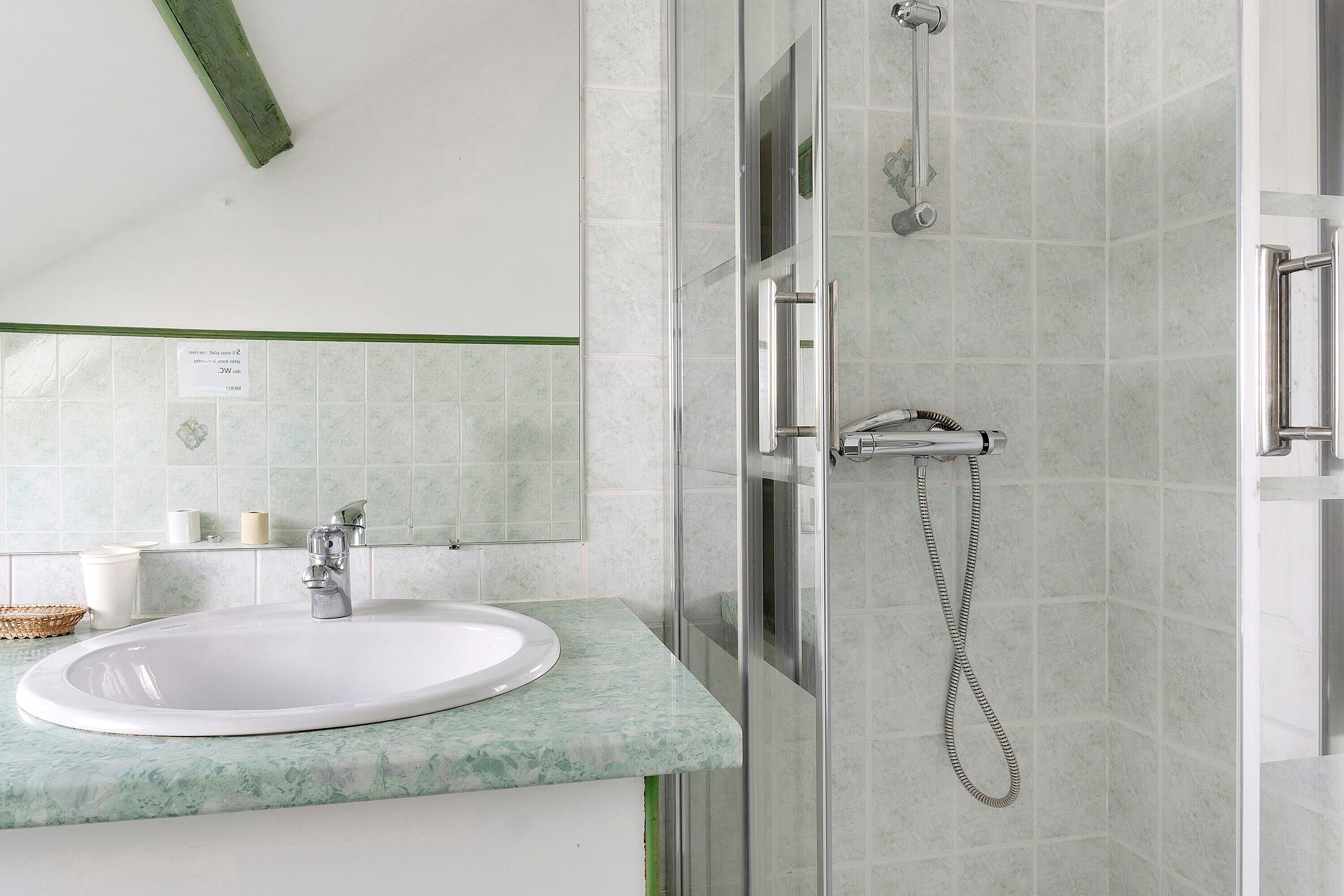 Une salle de bain dotée d’une douche à parois de verre, d’un lavabo blanc surmonté d’un plan de travail en marbre vert et d’un miroir au-dessus du lavabo.