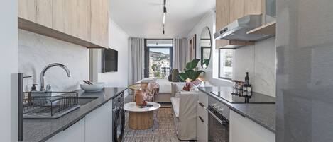 Fridge, microwave, oven, stovetop