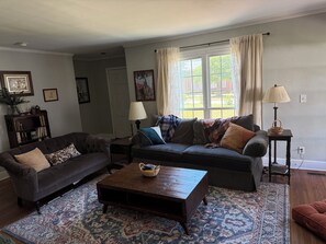 A living room with two sofas, a coffee table, a patterned rug, a window with curtains, and a lamp. - Spacious 4-bedroom house in Augusta for Masters Week (Augusta)