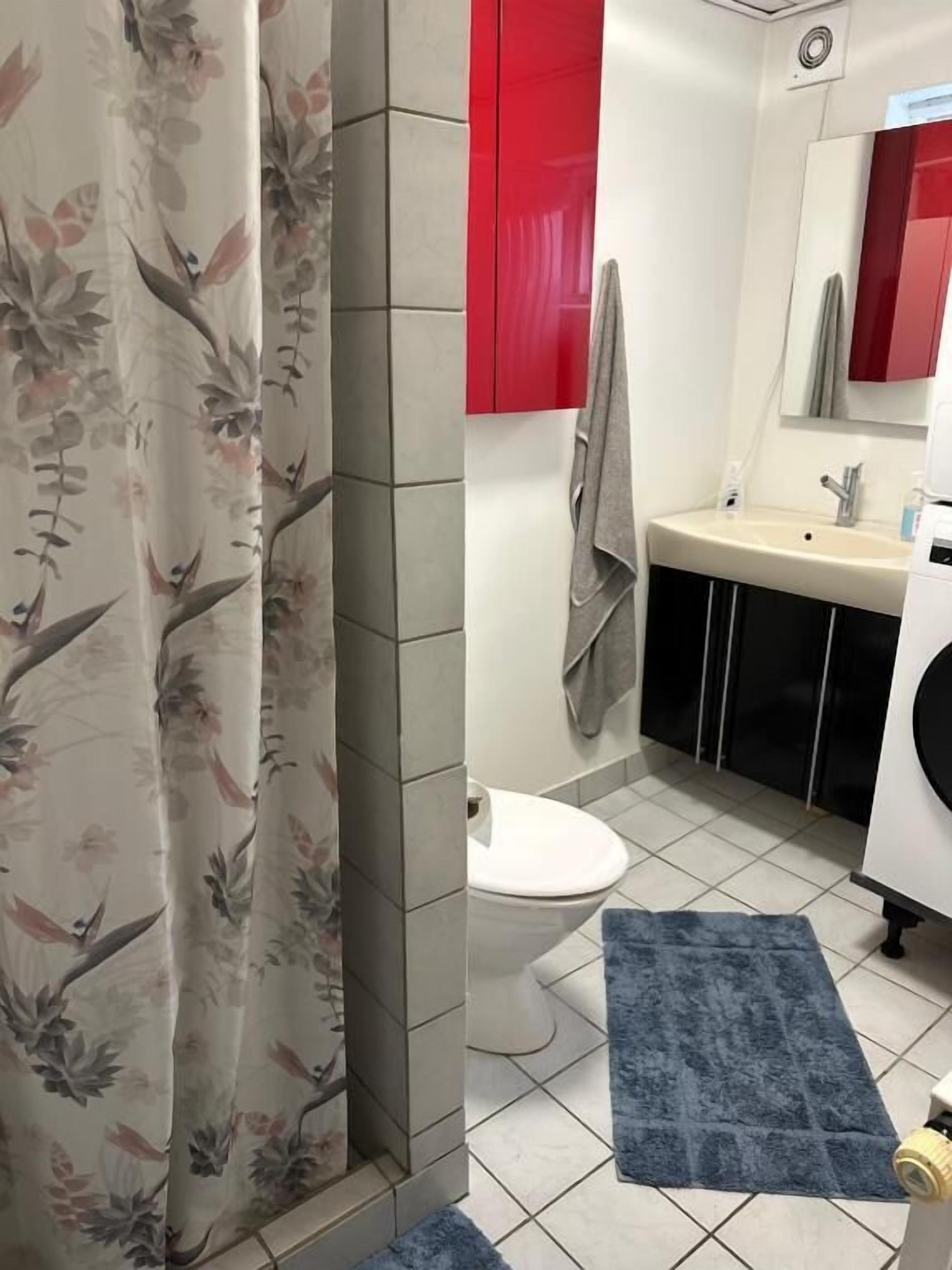 Shower, hair dryer, towels, toilet paper