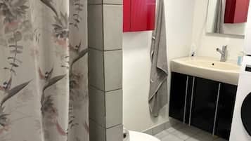 Shower, hair dryer, towels, toilet paper