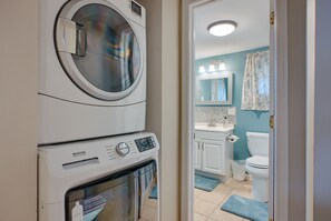 Hair dryer, towels, soap, shampoo