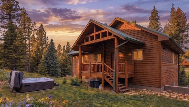 A wooden cabin with a porch, a hot tub, and a staircase leading to the entrance.