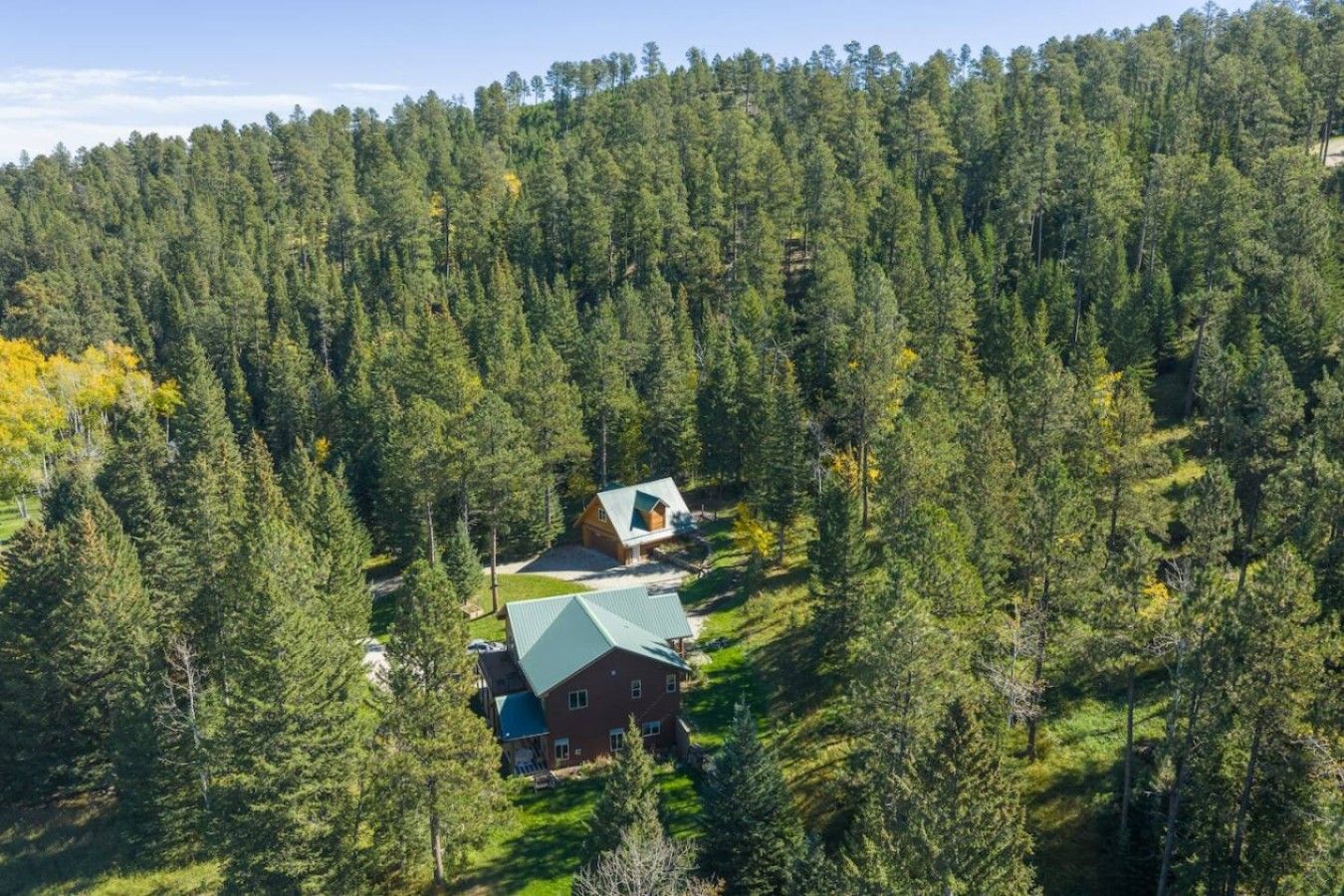A cabin surrounded by dense forest, with a clear sky above.