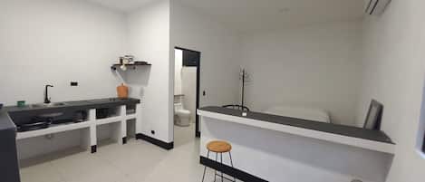 Shower, towels, soap, toilet paper