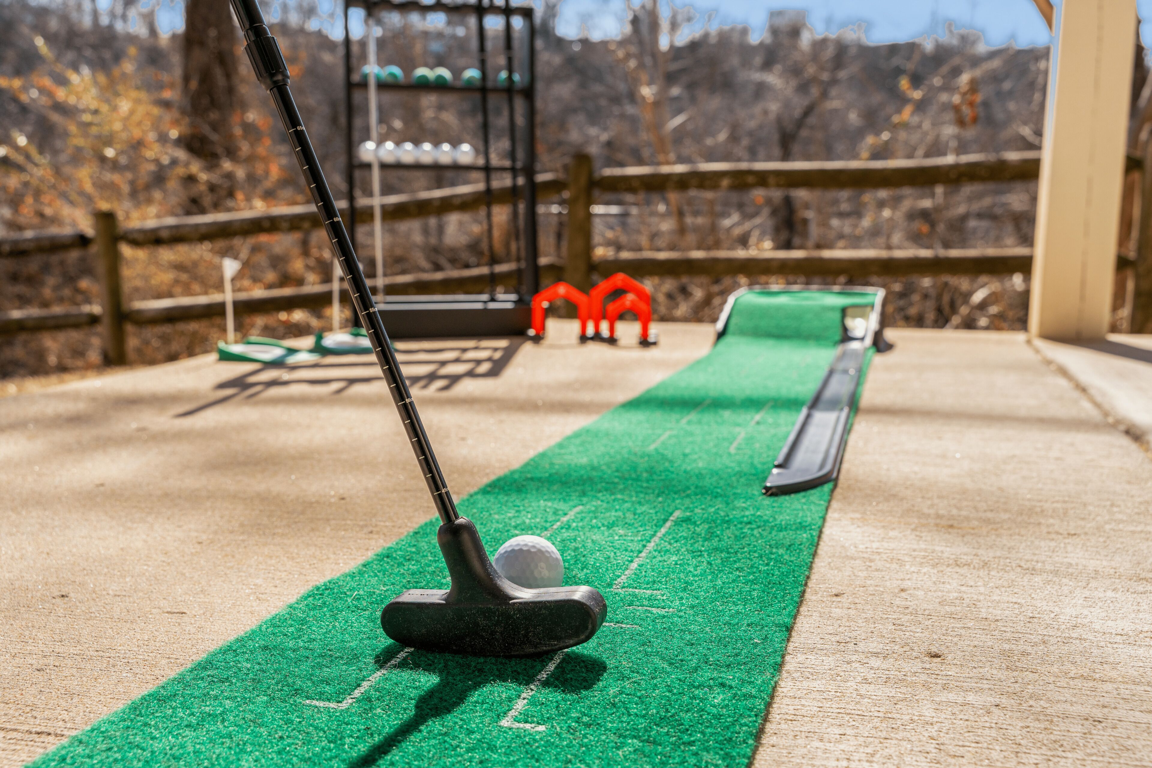 A golf putting green with a golf ball and putter, surrounded by a wooden fence and trees in the background.
