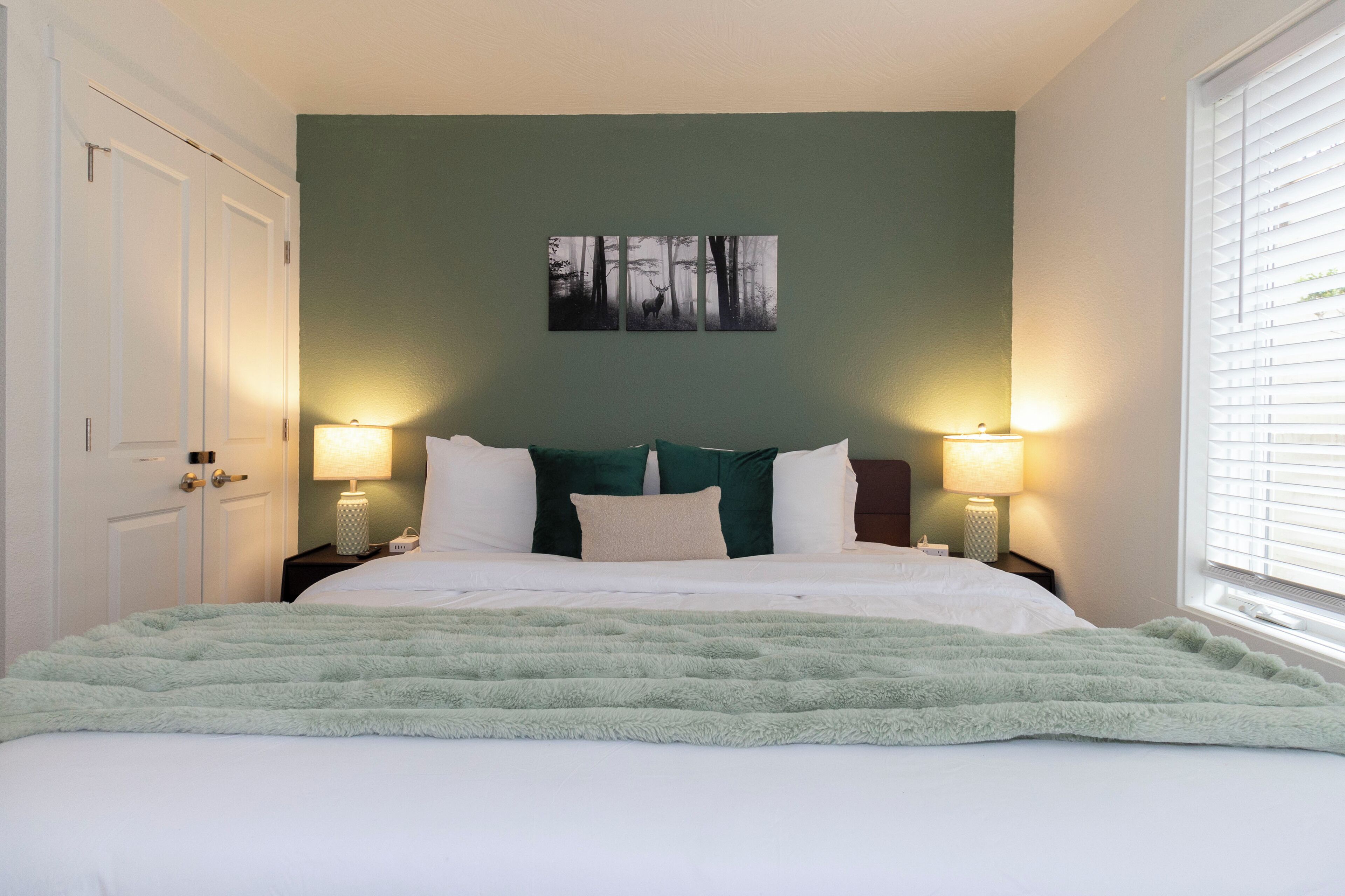 A bedroom with a bed, two bedside lamps, a green wall, and a window with blinds.