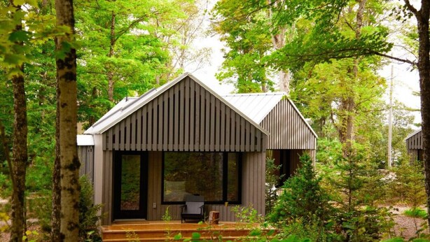 A cabin with a large windowed porch, surrounded by dense forest. - Nourish + Reset at Dimensions | Cabin Ten | Breakfast Included (The Blue Mountains)