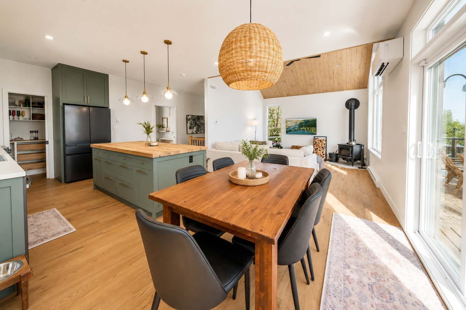 A modern kitchen with a wooden dining table, black chairs, and pendant lighting.