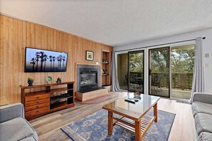 TV connectée, cheminée, livres