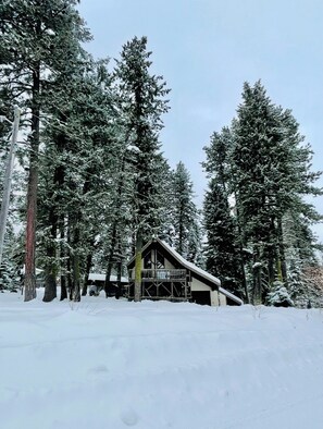 Eine Hütte, umgeben von hoch aufragenden, schneebedeckten Bäumen.