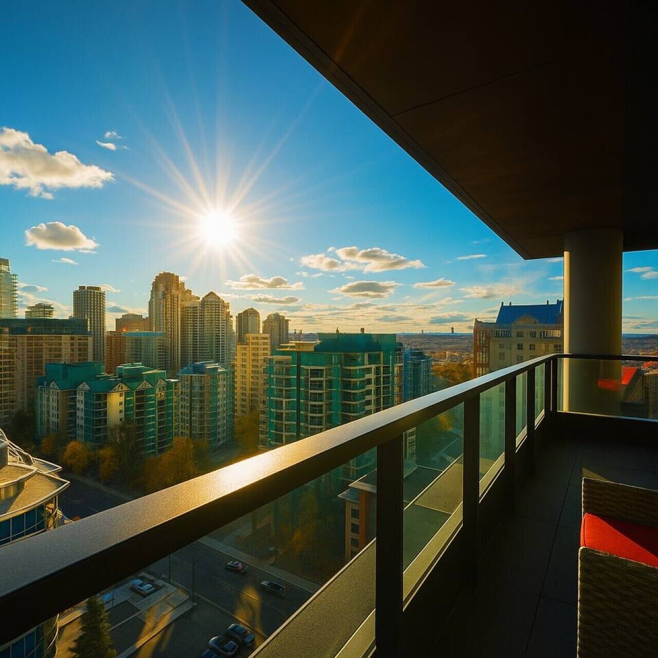 Un balcon avec vue sur la ville, comprenant des immeubles de grande hauteur et un ciel dégagé.
