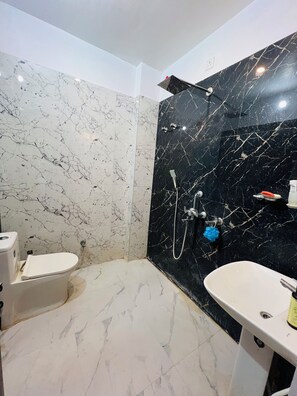 Shower, jetted tub, hair dryer, towels