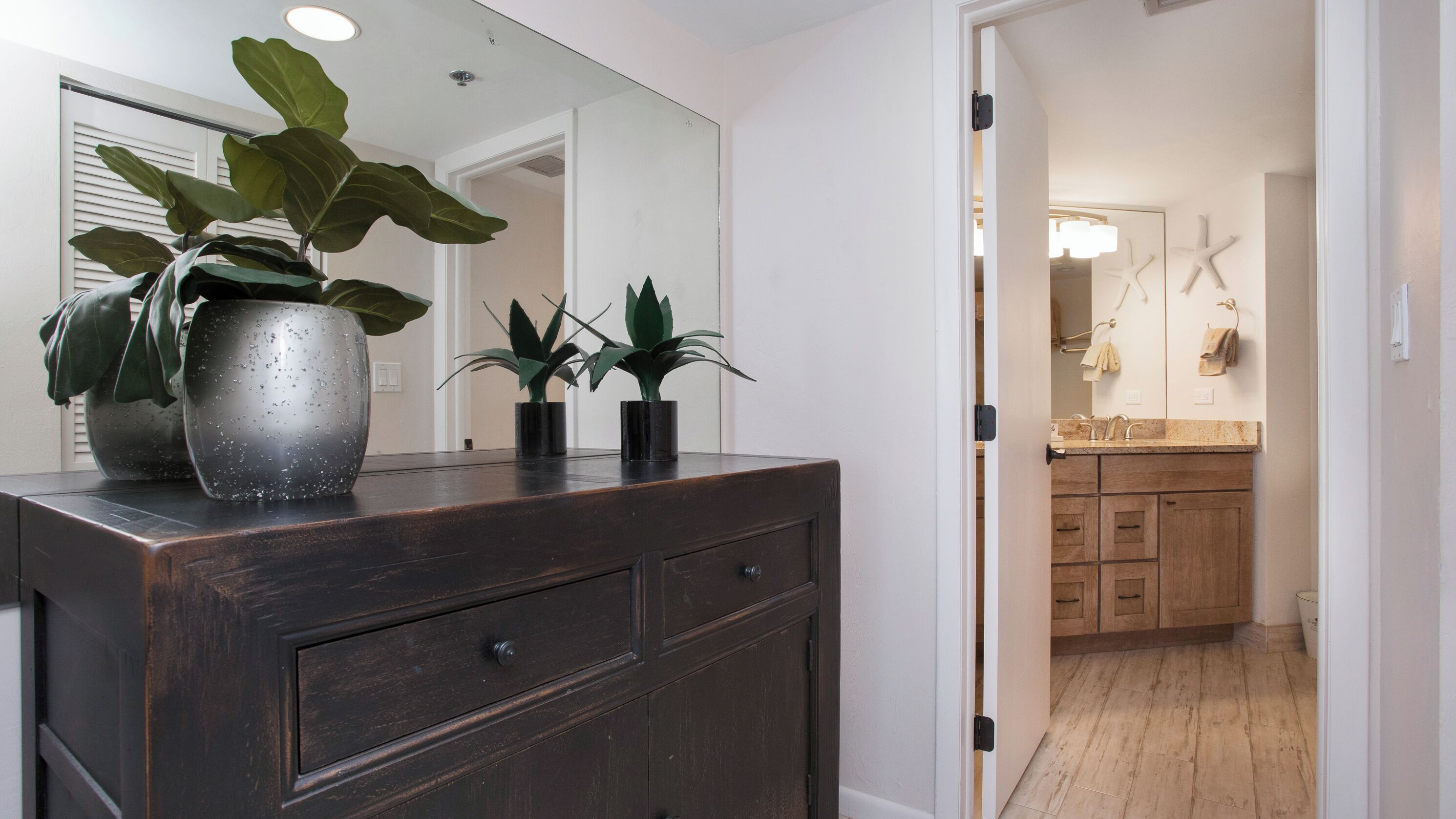 Un aparador de madera oscura con dos plantas en macetas, un espejo y una puerta que da a un baño con tocador de madera y un perchero.