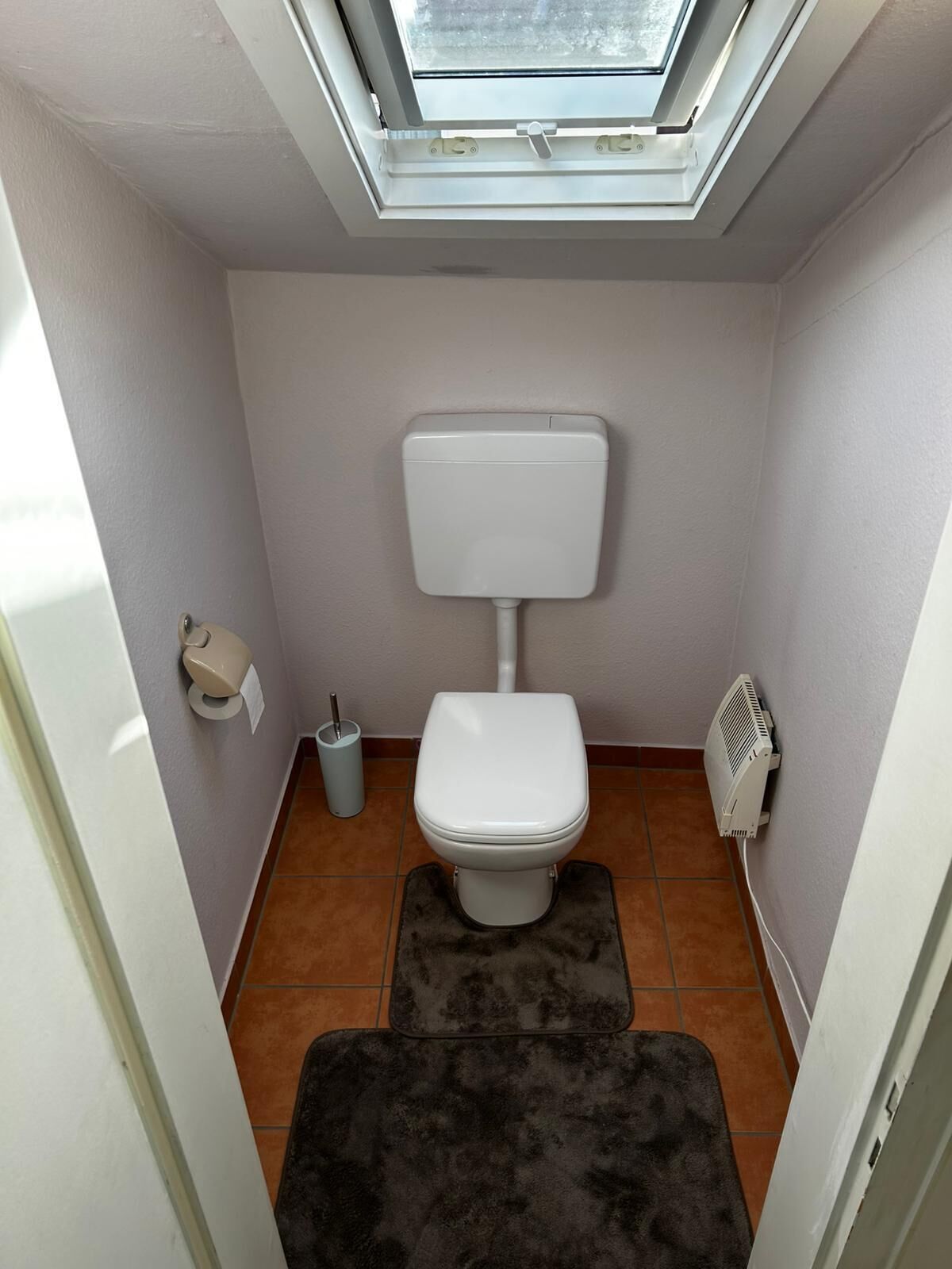 A small bathroom with a skylight, toilet, radiator, and a trash bin.