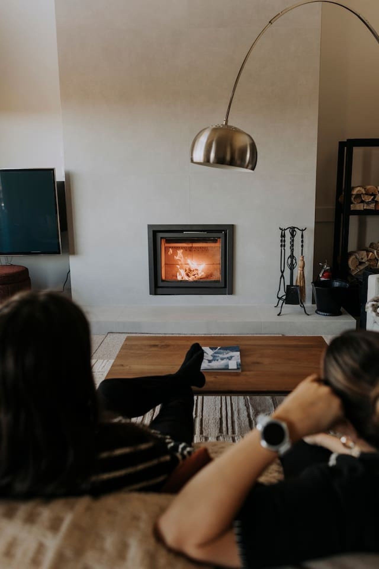 Een woonkamer met een open haard, een televisie en een hond.