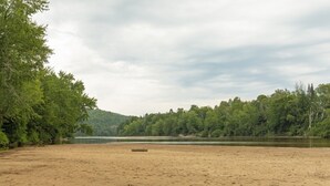 Une plage de sable avec un tronc d’arbre, des arbres et un lac.