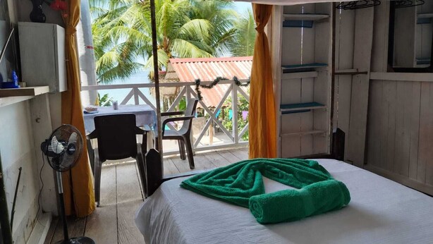 Une chambre avec un lit, un bureau, une chaise, un ventilateur et une vue sur des palmiers.