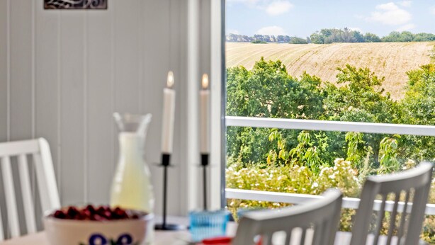 A dining area with a table set for two, a bowl of fruit, and a candle. A window offers a view of a vineyard and fields.