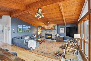 Televisión, chimenea y libros 