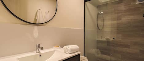 Douche, séchoir à cheveux, serviettes fournies, shampooing