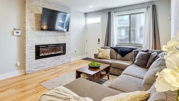 TV, fireplace, books