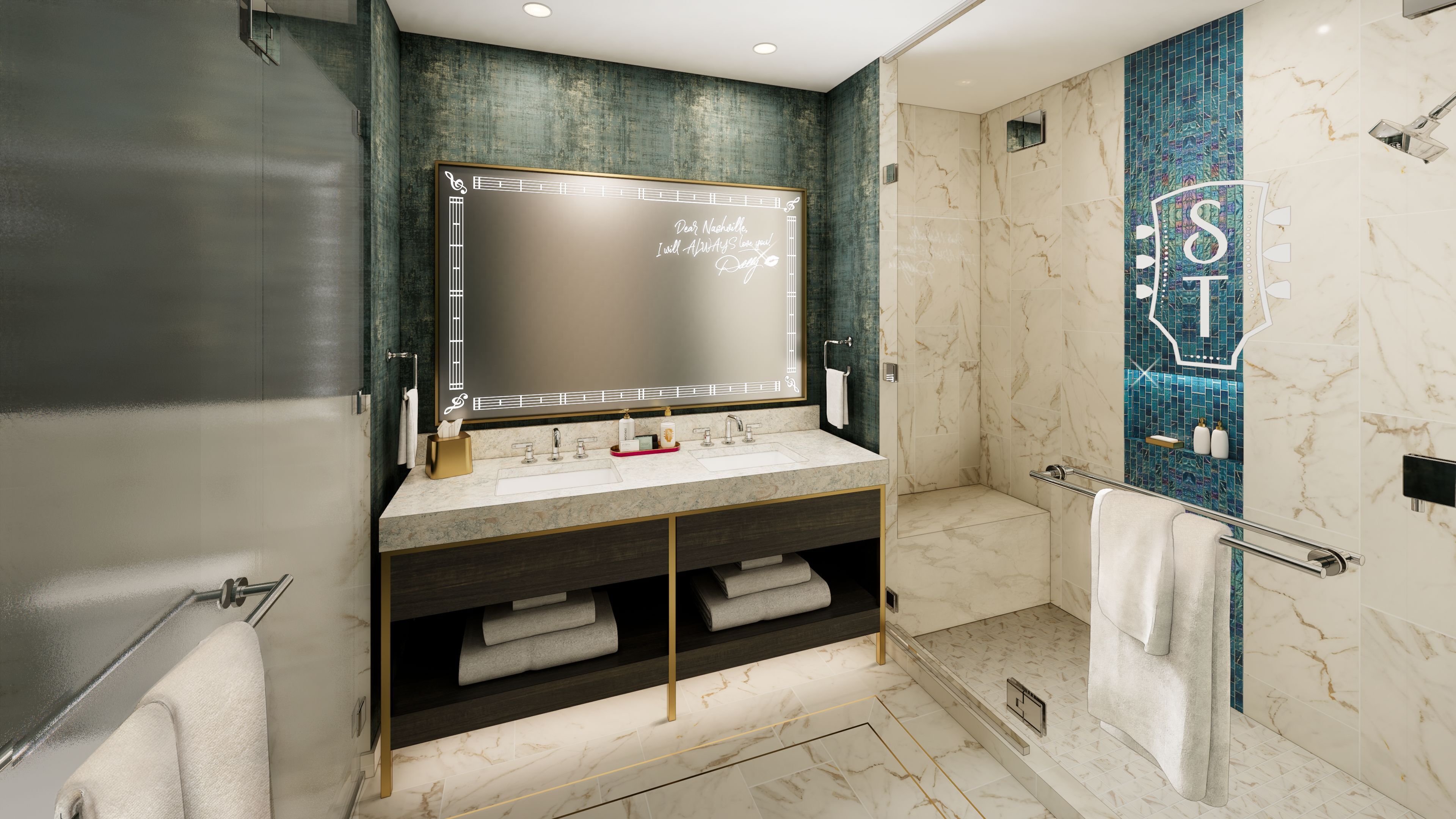 Une salle de bain moderne avec un grand miroir, un meuble-lavabo doté de deux vasques, un espace douche et un porte-serviettes.
