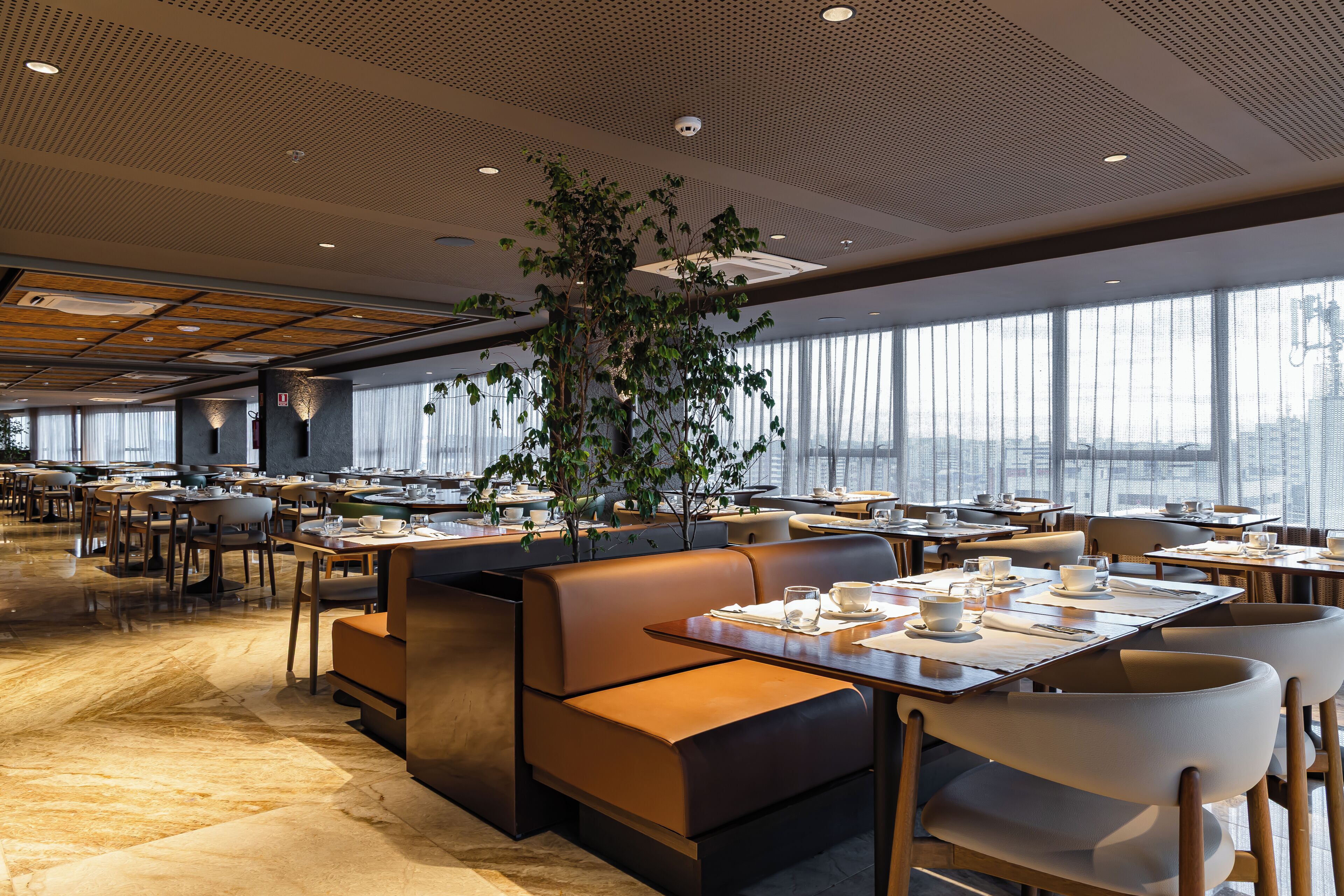 A modern restaurant with high ceilings, large windows, and a central plant. Tables are set with white tableware.