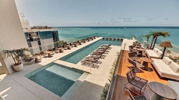 Indoor pool, outdoor pool, open 9:00 AM to 9:00 PM, pool loungers