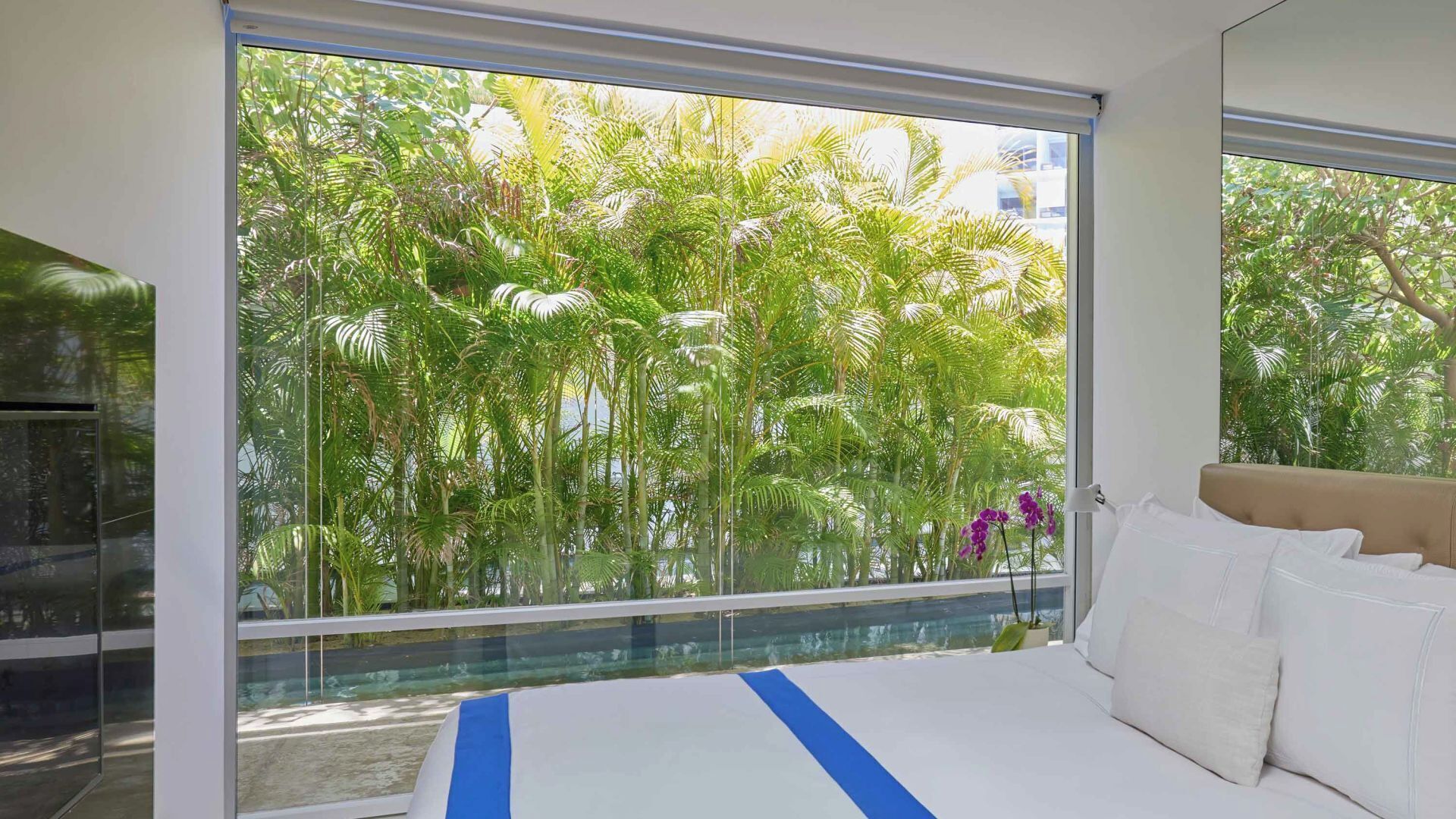 A modern bedroom with a large window, a bed with white bedding, and a view of lush greenery outside.